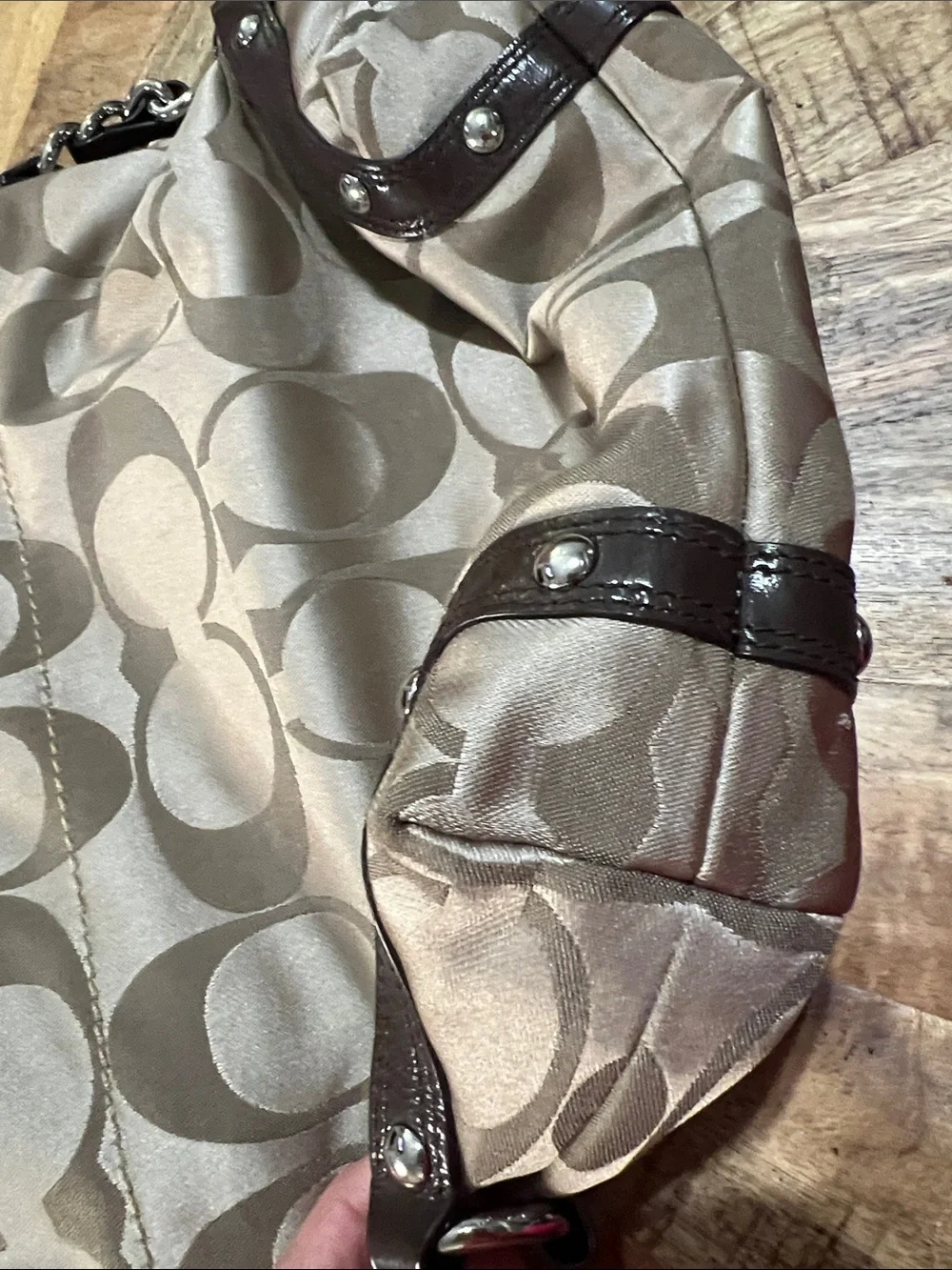 Vintage Coach Carly Signature Jacquard Hobo in Taupe and Dark Brown Leather